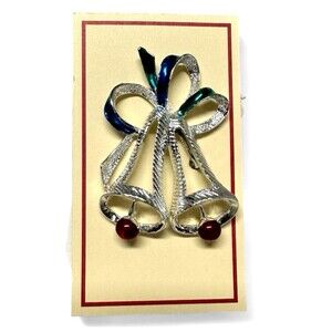 Vintage GERRY'S Christmas BELL Brooch Pin Silver Tone Enamel 2-1/4" Beautiful